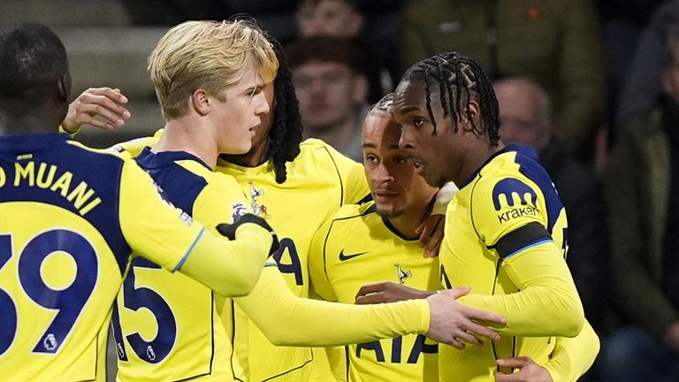 Tottenham Hotspur's Mathys Tel (right) celebrates with team-mates after scoring their opener