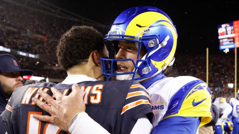 Matthew Stafford and Caleb Williams embrace 