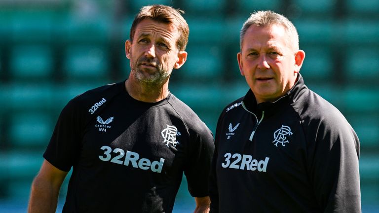 EDINBURGH, SCOTLAND - MAY 17: Rangers Coaches Neil McCann and Billy Dodds during a William Hill Premiership match between Hibernian and Rangers at Easter Road Stadium, on May 17, 2025, in Edinburgh, Scotland.  (Photo by Rob Casey / SNS Group)