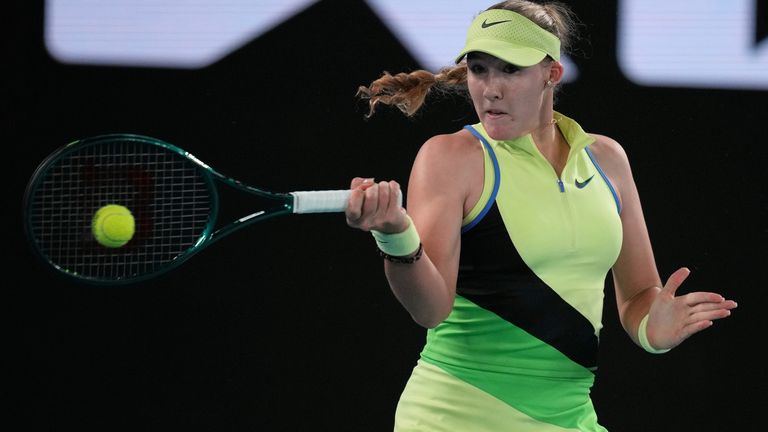 Mirra Andreeva of Russia plays a forehand return to Elina Svitolina of Ukraine during their fourth round match at the Australian Open tennis