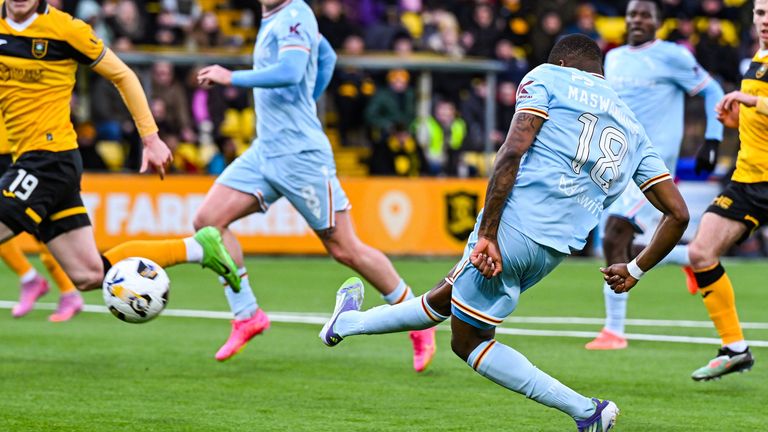 LIVINGSTON, SCOTLAND - JANUARY 31: Motherwell's Tawanda Maswanhise scores to make it 2-0 during a William Hill Premiership match between Livingston and Motherwell at the Home of the Set Fare Arena, on January 31, 2026, in Livingston, Scotland. (Photo by Rob Casey / SNS Group)