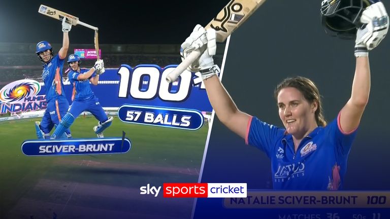 Nat Sciver-Brunt records the first ever century in Women's Premier League history as she helps her side, Mumbai Indians set a score of 200 against Royal Challengers Bengaluru. 
