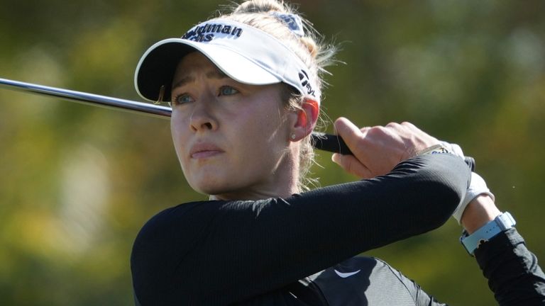 Nelly Korda hits from the third tee during the third round of the LPGA Tour Championship golf tournament, Saturday, Nov. 22, 2025, in Naples, Fla. (AP Photo/Marta Lavandier)