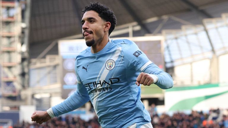Omar Marmoush celebrates after giving Man City an early lead against Wolves