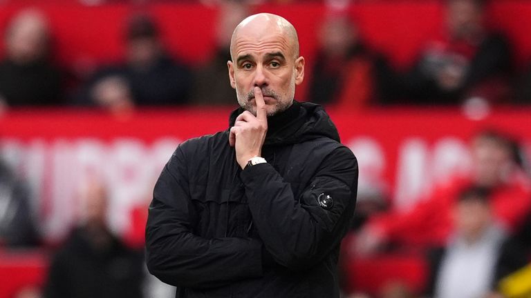 Pep Guardiola looks on during the 2-0 defeat to Man Utd