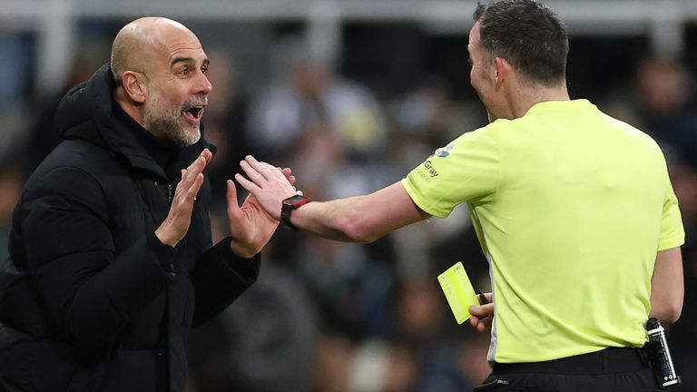 Pep Guardiola pleads with referee Chris Kavanagh during Manchester City's Carabao Cup win at Newcastle