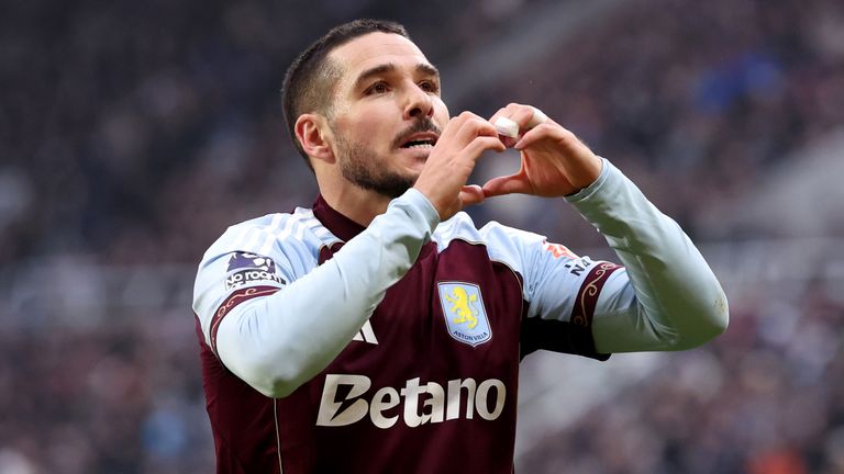 Emi Buendia celebrates after giving Aston Villa the lead at Newcastle