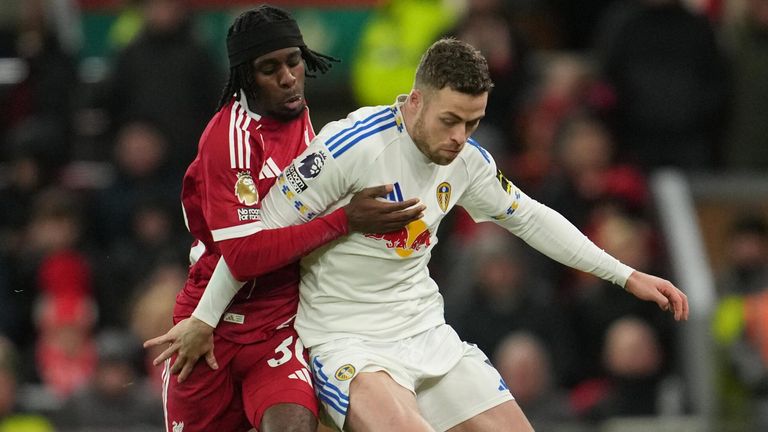 Jeremie Frimpong and Gabriel Gudmundsson challenge for the ball