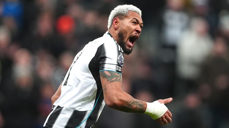 Joelinton celebrates after equalising for Newcastle against Leeds
