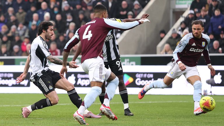 Sandro Tonali narrowly fails to score in the opening moments of Newcastle's clash with Aston Villa