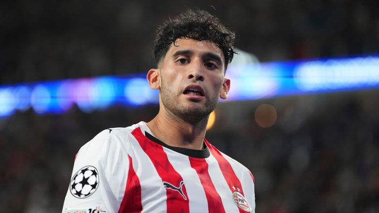 FILE - PSV's Ricardo Pepi reacts after missing a scoring chance during a Champions League opening phase soccer match between PSV and Union SG, at the PSV stadium in Eindhoven, Netherlands, Sept.16, 2025. (AP Photo/Peter Dejong, file)