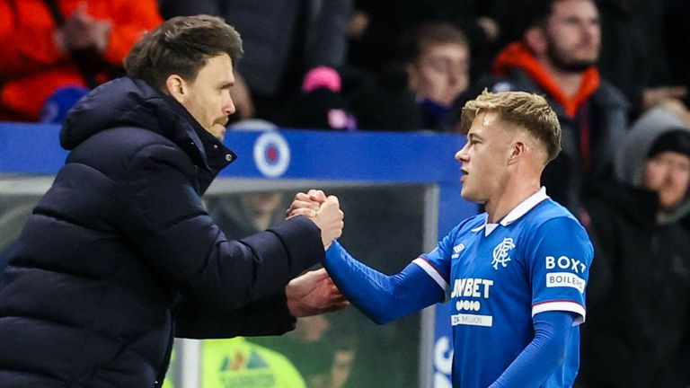 GLASGOW, SCOTLAND - JANUARY 06: Rangers' Connor Barron (R) with head coach Danny Rohl during a William Hill Premiership match between Rangers and Aberdeen at Ibrox Stadium, on January 06, 2026, in Glasgow, Scotland. (Photo by Alan Harvey / SNS Group)