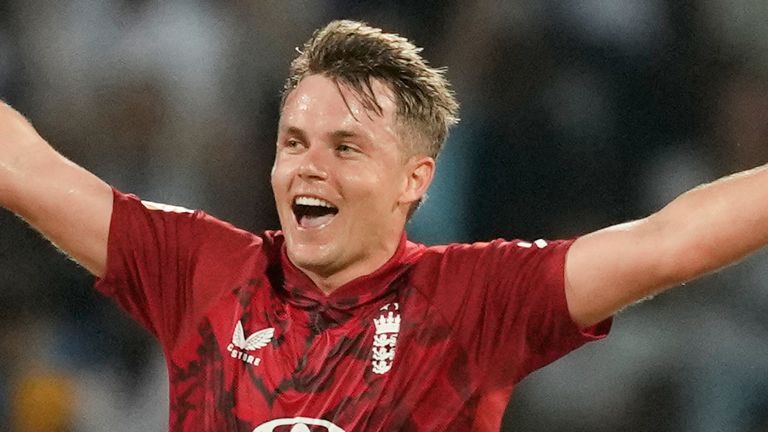 England's Sam Curran celebrates his T20I hat-trick against Sri Lanka in Pallekele (Associated Press)