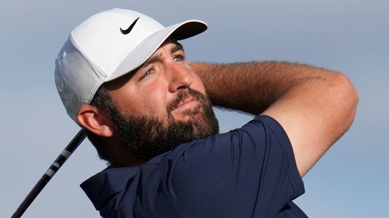 Scottie Scheffler hits his tee shot at the 16th hole during the third round of the American Express (Associated Press) 