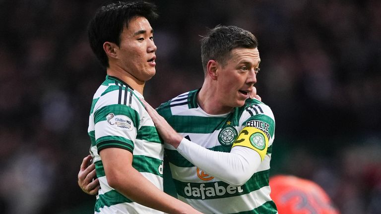 Yang Hyun-Jun celebrates with Callum McGregor after giving Celtic the lead against Dundee United