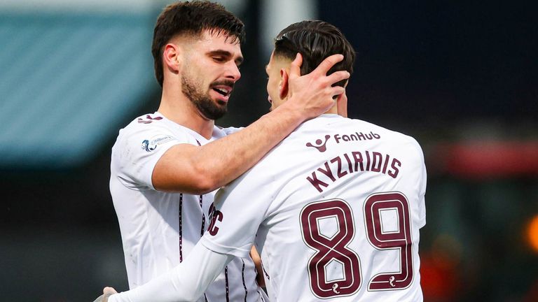 Claudio Braga celebrates with team-mate Alexandros Kyziridis after giving Hearts the lead at Dundee