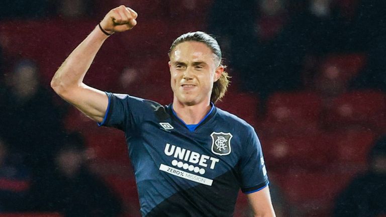 Thelo Aasgaard celebrates after giving Rangers a first-half lead at Aberdeen