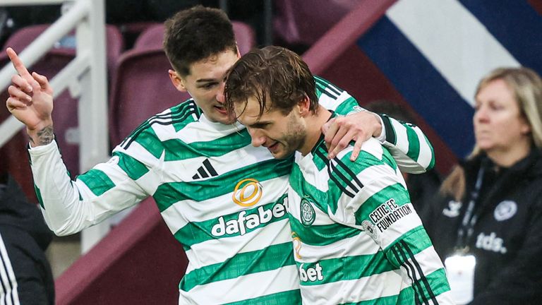 Benjamin Nygren celebrates with Tomas Cvancara after giving Celtic an early lead at Hearts