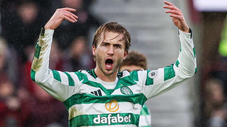 Benjamin Nygren after scoring Celtic's opening goal at Hearts