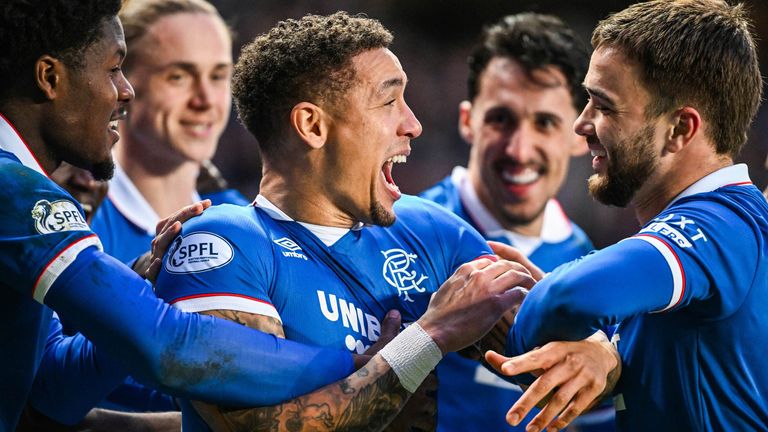 James Tavernier is congratulated after opening the scoring for Rangers against Dundee