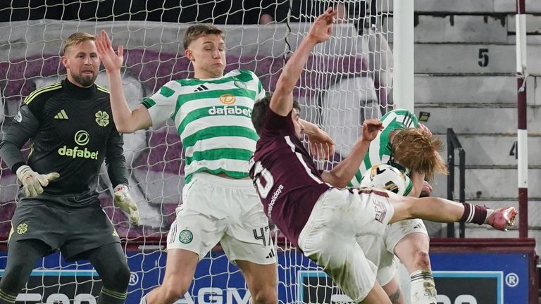 Claudio Braga equalises for Hearts against Celtic