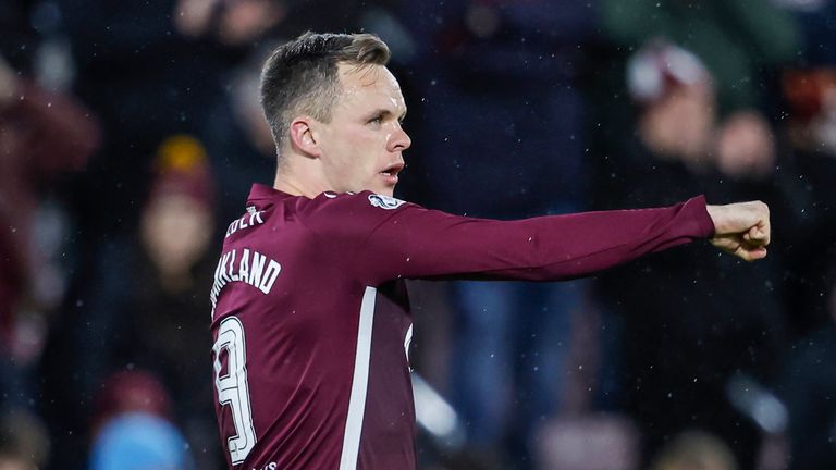 Hearts' Lawrence Shankland celebrates after scoring to make it 1-0 against St Mirren