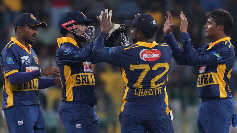 Sri Lanka players celebrating removing Ben Duckett during their first ODI against England 