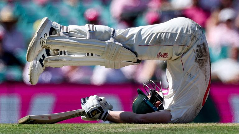 Australia's Steve Smith does a roly-poly during the final Ashes Test in Sydney (Getty Images)