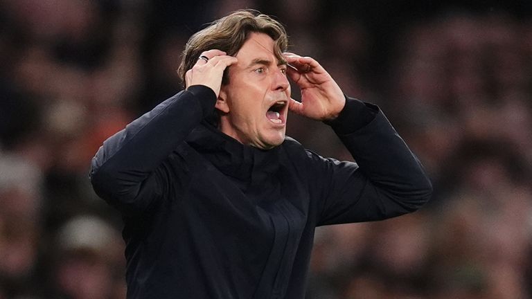 Spurs boss Thomas Frank reacts during the 2-1 defeat to West Ham