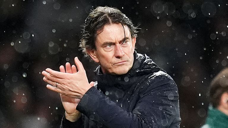 Tottenham Hotspur manager Thomas Frank gestures on the touchline during the UEFA Champions League match.