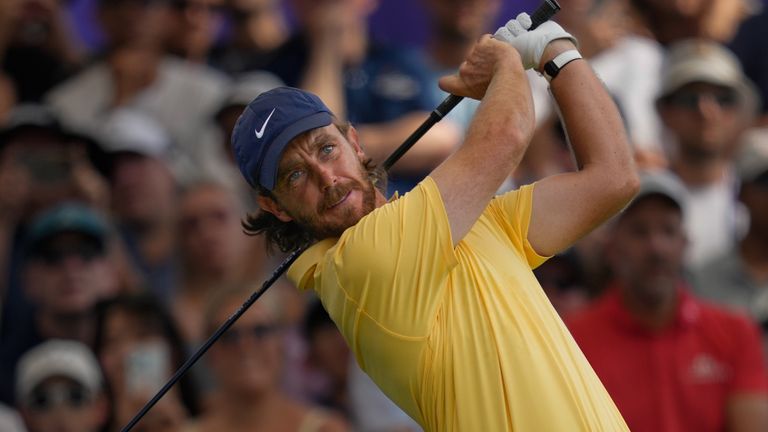 Tommy Fleetwood hits off the first tee during the third round of World Tour Golf Championship at Jumeirah Golf Estates(AP Photo/Altaf Qadri)