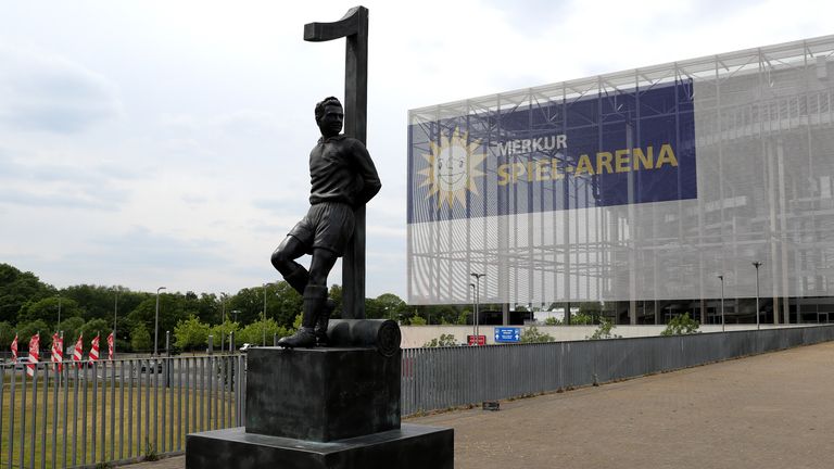 A statue of Toni Turek outside the Merkur Spiel-Arena, home of Fortuna Dusseldorf
