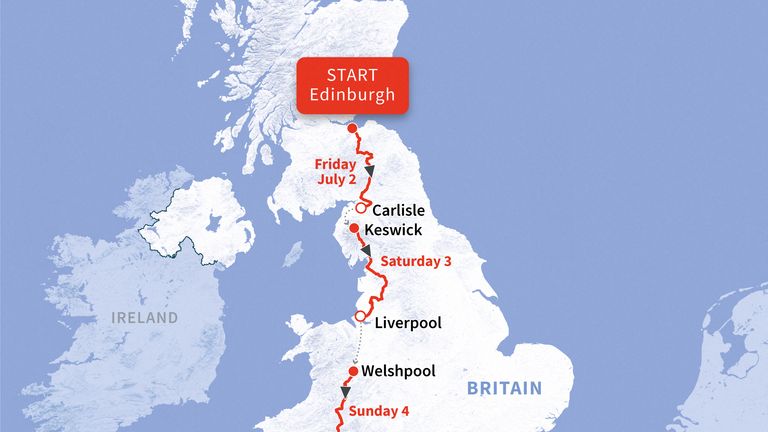 Infographic with a map showing the first three stages of the Men's Tour de France 2027, from Friday, July 2 to Sunday, July 4 (Graphic by Nalini LEPETIT-CHELLA and Paz PIZARRO / AFP)