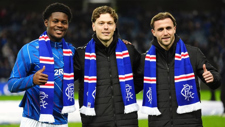 Rangers' Tochi Chukwuani, Andreas Skov Olsen and Tuur Rommens