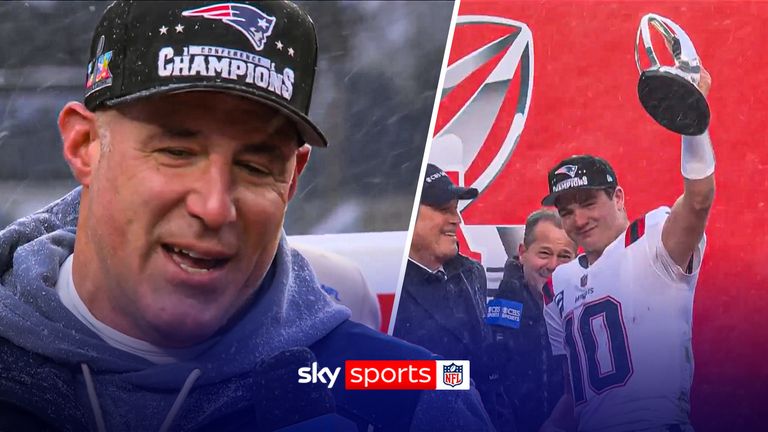 Mike Vrabel and Drake Maye pick up AFC Championship trophy