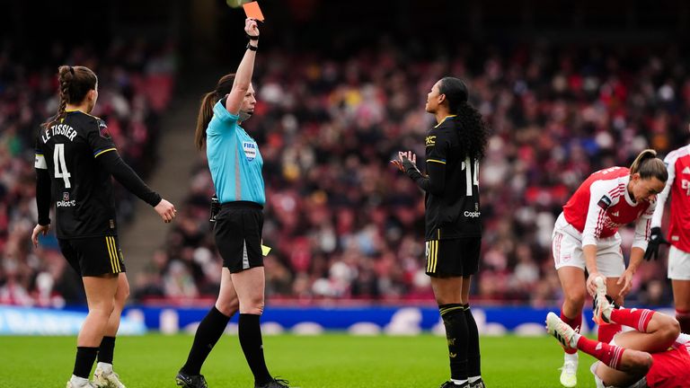 Jayde Riviere is sent off by referee Abigail Byrne