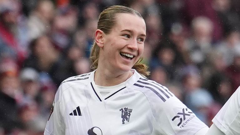 Elisabeth Terland celebrates with Melvine Malard after restoring Manchester United's lead at Aston Villa