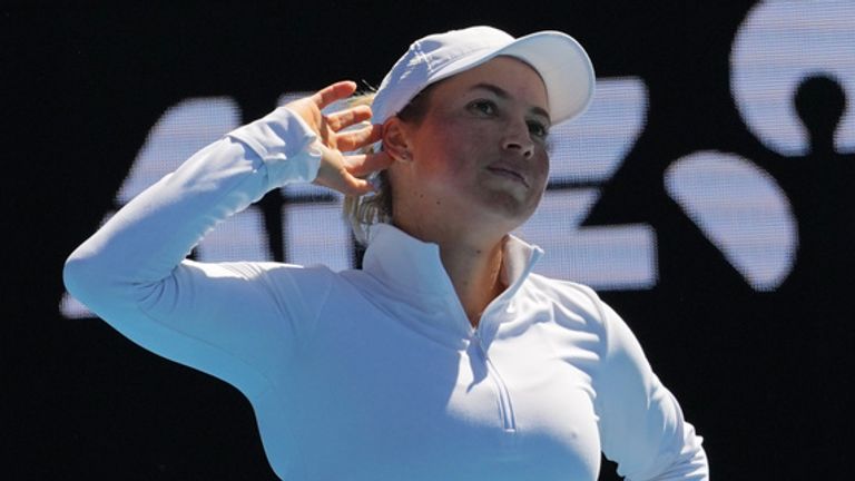 Yulia Putintseva of Kazakhstan reacts after defeating Zeynep Sonmez of Turkey in the third round of the Australian Open Tennis Championships on Friday, January 23, 2026 in Melbourne, Australia (AP Photo/Dar Yashin)