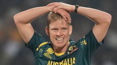 Australia's Nathan Ellis reacts during the T20 World Cup cricket match between Sri Lanka and Australia in Pallekele, Sri Lanka, Monday, Feb. 16, 2026. (AP Photo/ Eranga Jayawardena)