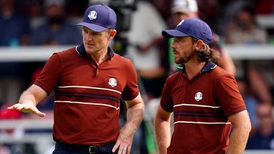 Tommy Fleetwood and Justin Rose of Team Europe during the afternoon fourball matches on day two of the Ryder Cup at Bethpage Black