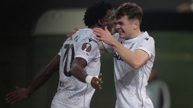 Plzen's Salim Fago Lawal and Plzen's Denis Visinsky celebrate their side's late goal at Panathinaikos