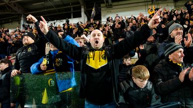 Picture by Allan McKenzie/SWpix.com - 12/02/2026 - Rugby League - Betfred Super League Round 1 - York Knights v Hull KR - LNER Community Stadium, York, England - York fans celebrate after victory over Hull KR.