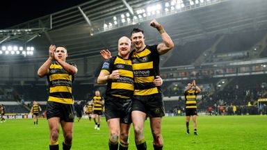 York's Ben Jones-Bishop, Jordan Thompson and Sam Wood celebrate victory over Hull FC