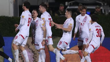Zrinjski players celebrate after a goal during Europa Conference League play-off soccer match between Zrinjski and Crystal Palace in Mostar, Bosnia and Herzegovina, Thursday, Feb. 19, 2026. AP Photo/Armin Durgut)