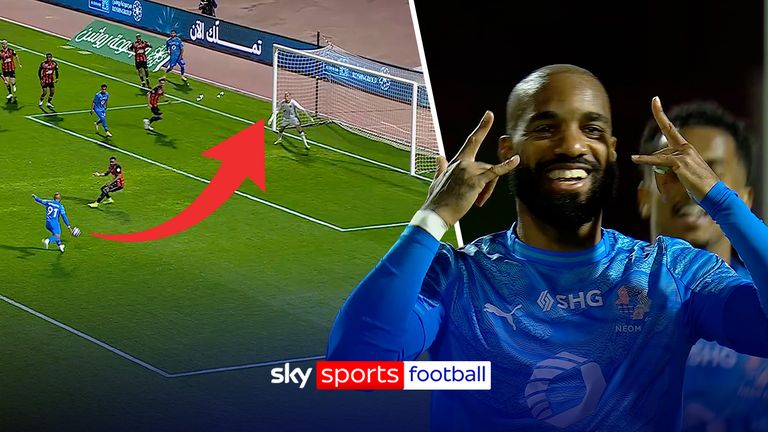 Former Arsenal striker Alexandre Lacazette scores with incredible slice-like lob with ends up going into the top corner after going over both Al-Riyadh's goalkeeper and defender head on the line.