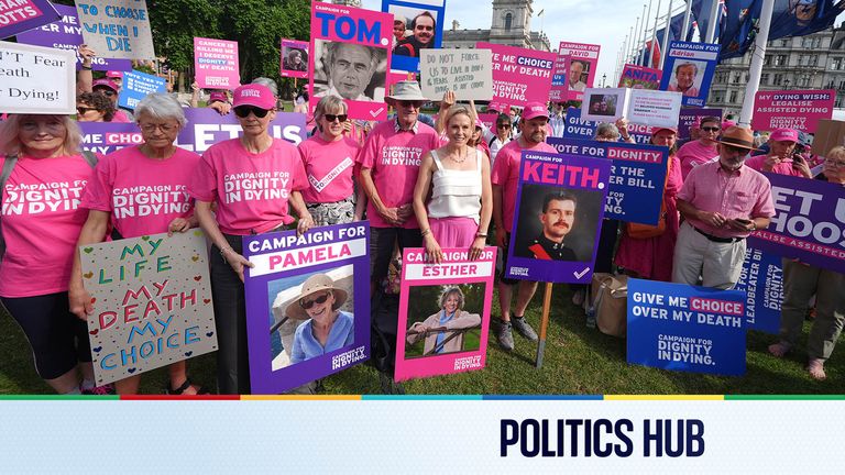 Dame Esther Rantzen's daughter Rebecca Wilcox (centre) with campaigners supporting the Dignity in Dying protest.
Pic: PA