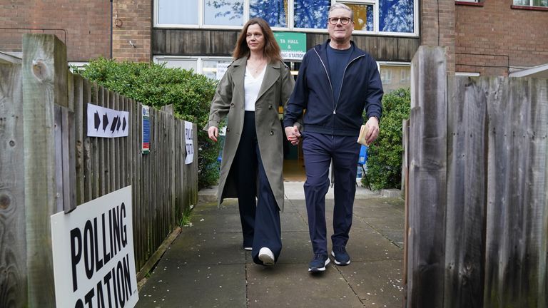 Labour leader Keir Starmer and his wife, Victoria, arrive at their local polling station in May 2024. Pic: PA