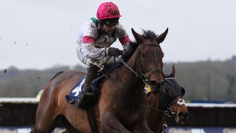 A Pai De Nom ridden by Harry Skelton clear the final hurdle on the way to winning the William Hill Each Way Extra Handicap Hurdle at Newbury