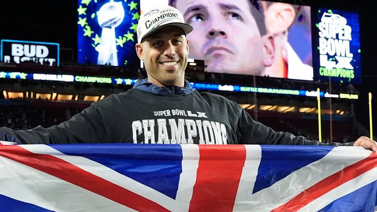 Seattle Seahawks defensive coordinator Aden Durde celebrates after the NFL Super Bowl 60 football game against the New England Patriots, Sunday, Feb. 8, 2026, in Santa Clara, Calif. (AP Photo/Steve Luciano)