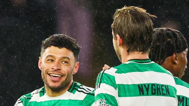 Celtic's Alex Oxlade-Chamberlain celebrates scoring to make it 2-1 with teammate Benjamin Nygren
